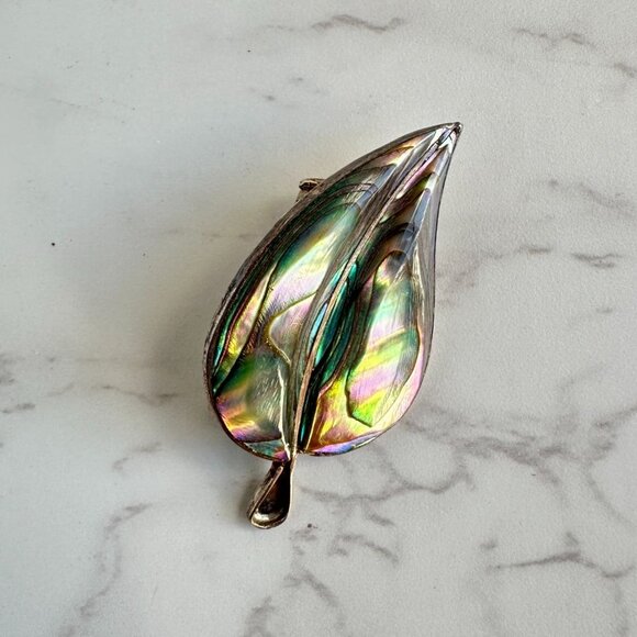 Mexican Abalone Leaf Brooch, Sterling Silver - Picture 10 of 10